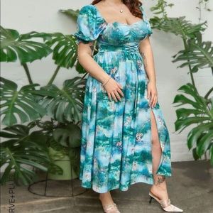 Plus size cottagecore a line sweet heart neckline lace up waist and slit on side